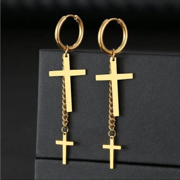 ⭐️ #24A New Gold or Silver Cross Dangle Hoop Earrings - Picture 2 of 10